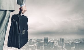 Back view of businessman with suitcase looking at city