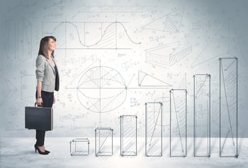 Business woman climbing up on hand drawn graphs concept on background