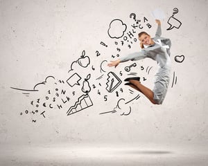 Image of businesswoman in jump against clouds background