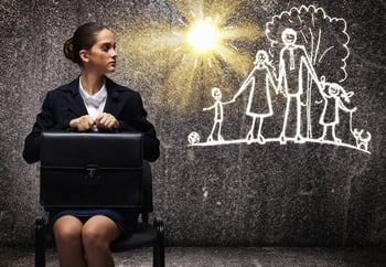 Young upset businesswoman sitting on chair with briefcase