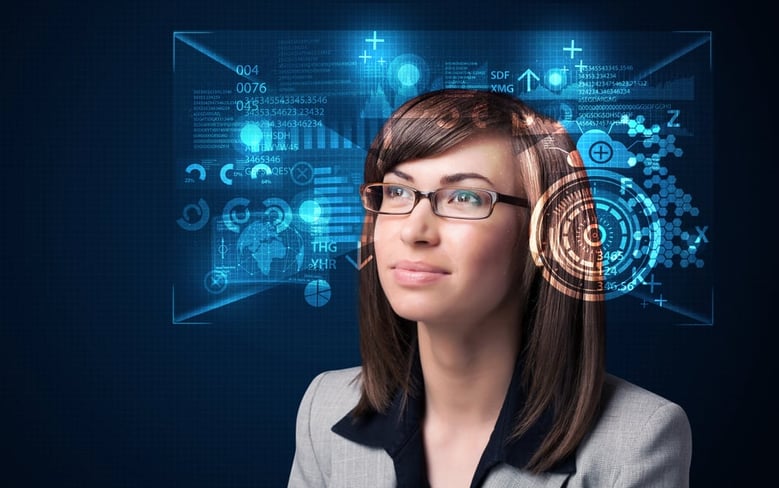 Young woman looking with futuristic smart high tech glasses concept