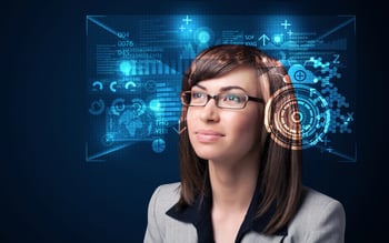 Young woman looking with futuristic smart high tech glasses concept