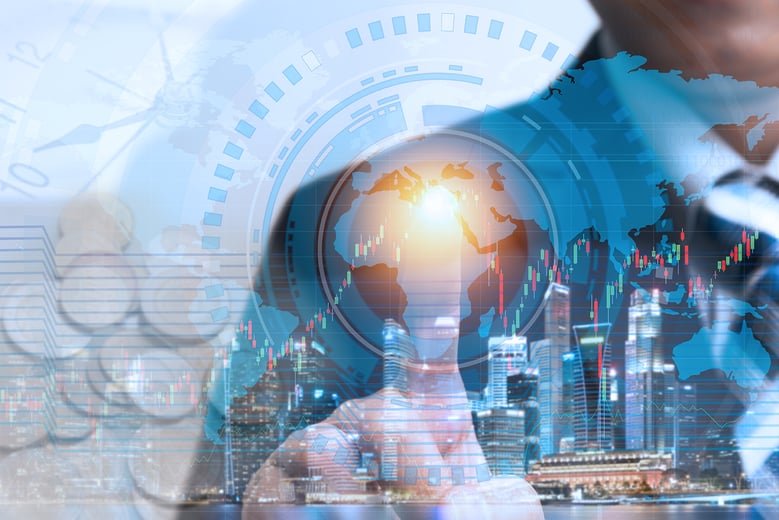 Image of attractive businesswoman against hightech background