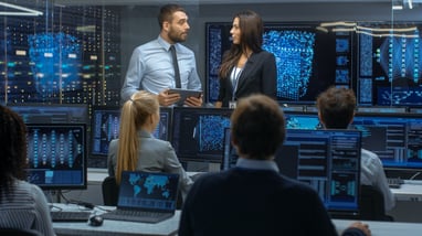 Head of the Department and Project Manager Discuss Work Process Using Data on Tablet Computer. Multi-Ethnic Team Builds Neural Network with Integrated Machine Learning.