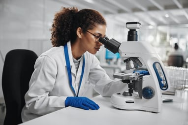 clinical research professional looking into a microscope